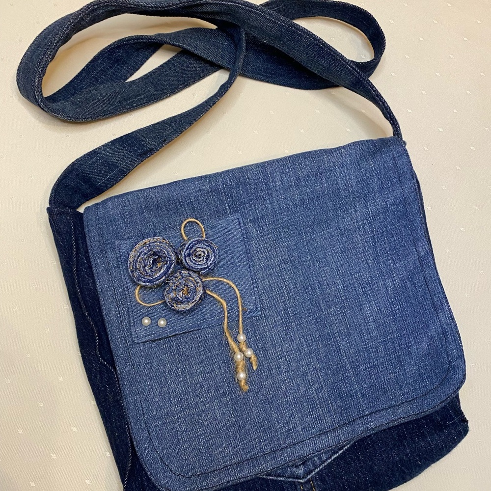 Denim crossbody Bag with Floral Accent